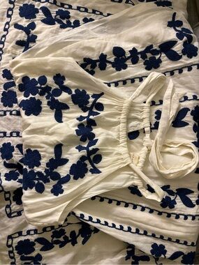 Sezane Rare Embroidered Cotton Linen Halter Maxi Dress White Navy Size FR 38 US6